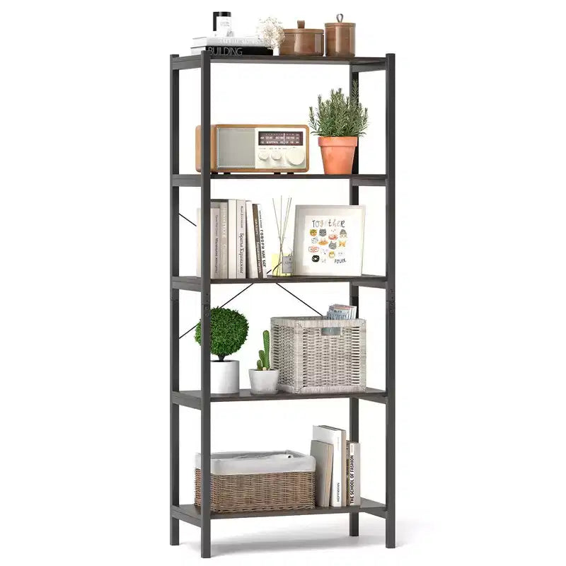 Costway 1/2 PCS 5-Tier Bookshelf Bookcase with Metal Frame &amp; Dual Anti-Tipping Kits Storage Rack