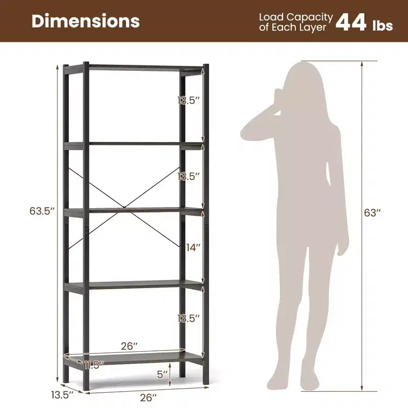 1/2 PCS Étagère à Livres 5 Niveaux avec Cadre Métallique et Double Kit Anti-Basculement, Meuble de Rangement