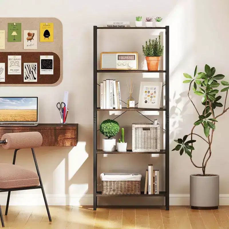 1/2 PCS Étagère à Livres 5 Niveaux avec Cadre Métallique et Double Kit Anti-Basculement, Meuble de Rangement