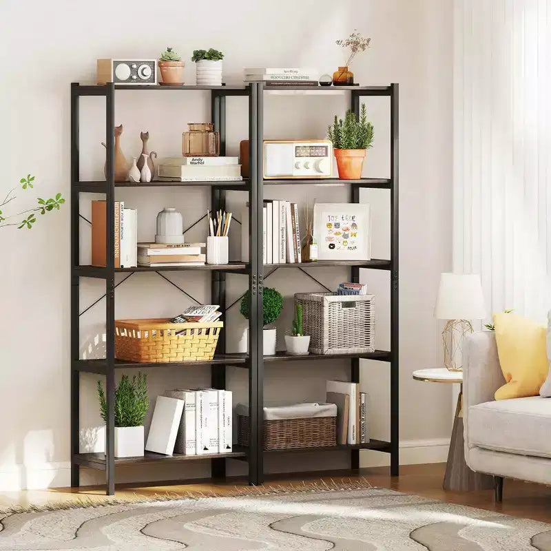 1/2 PCS Étagère à Livres 5 Niveaux avec Cadre Métallique et Double Kit Anti-Basculement, Meuble de Rangement