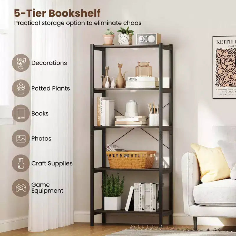 1/2 PCS Étagère à Livres 5 Niveaux avec Cadre Métallique et Double Kit Anti-Basculement, Meuble de Rangement