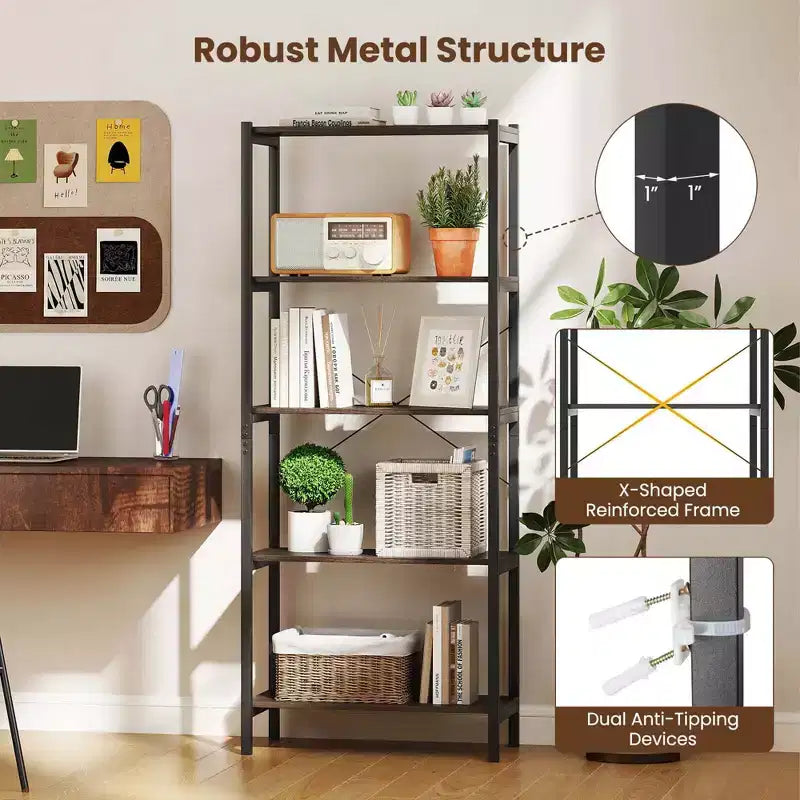 1/2 PCS Étagère à Livres 5 Niveaux avec Cadre Métallique et Double Kit Anti-Basculement, Meuble de Rangement