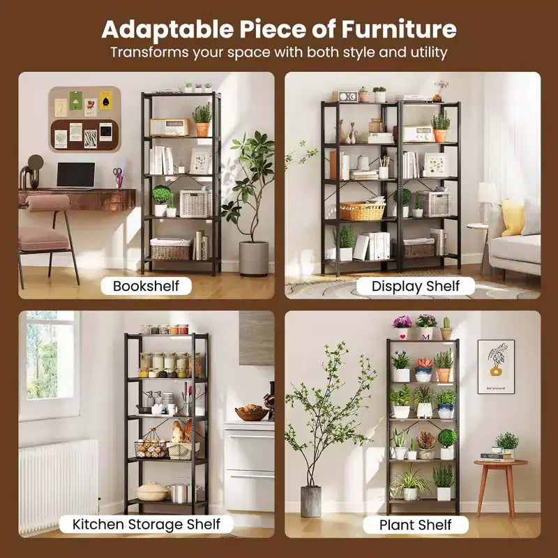 1/2 PCS Étagère à Livres 5 Niveaux avec Cadre Métallique et Double Kit Anti-Basculement, Meuble de Rangement