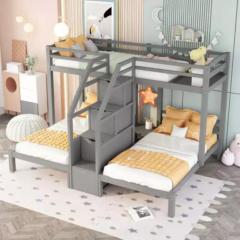 Whisen Twin over Twin &amp; Twin Bunk Bed with Upper Storage Board and Built-in Storage Staircase and Small Drawers - Gray