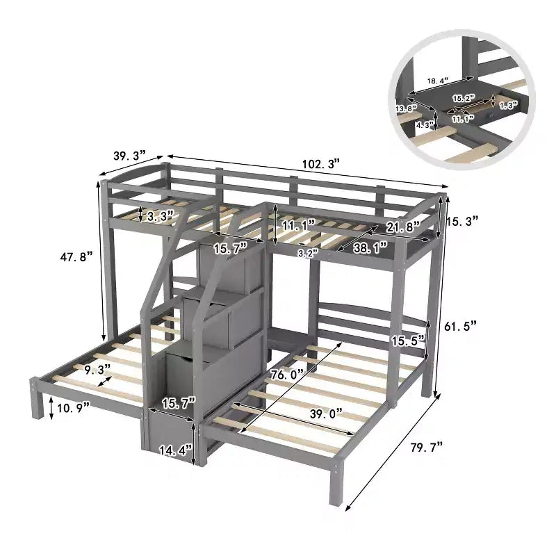 Lit superposé triple (deux lits jumeaux superposés et un lit jumeau latéral) avec étagère de rangement supérieure, escalier de rangement intégré et petits tiroirs - Gris