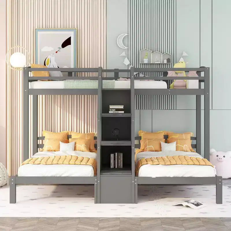 Lit superposé triple (deux lits jumeaux superposés et un lit jumeau latéral) avec étagère de rangement supérieure, escalier de rangement intégré et petits tiroirs - Gris