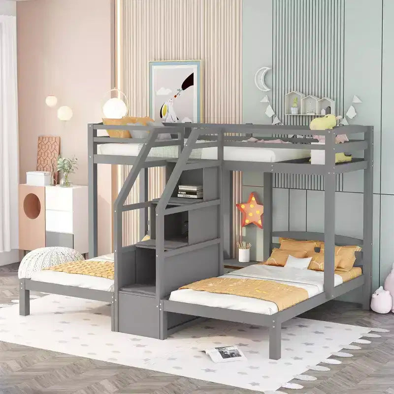 Lit superposé triple (deux lits jumeaux superposés et un lit jumeau latéral) avec étagère de rangement supérieure, escalier de rangement intégré et petits tiroirs - Gris