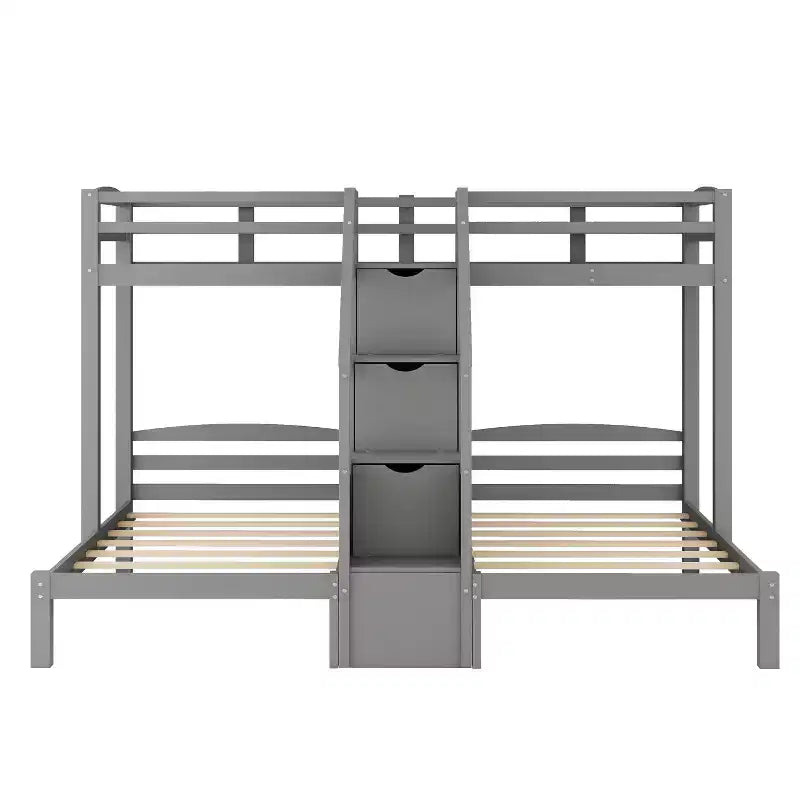 Lit superposé triple (deux lits jumeaux superposés et un lit jumeau latéral) avec étagère de rangement supérieure, escalier de rangement intégré et petits tiroirs - Gris