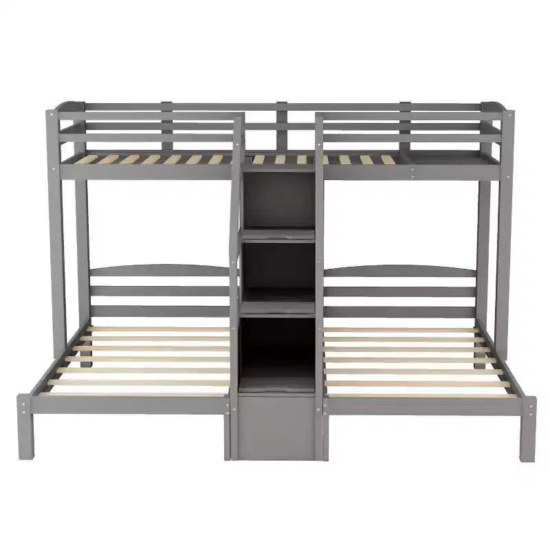 Lit superposé triple (deux lits jumeaux superposés et un lit jumeau latéral) avec étagère de rangement supérieure, escalier de rangement intégré et petits tiroirs - Gris