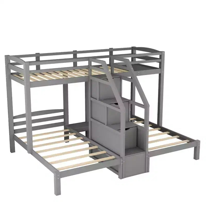 Lit superposé triple (deux lits jumeaux superposés et un lit jumeau latéral) avec étagère de rangement supérieure, escalier de rangement intégré et petits tiroirs - Gris