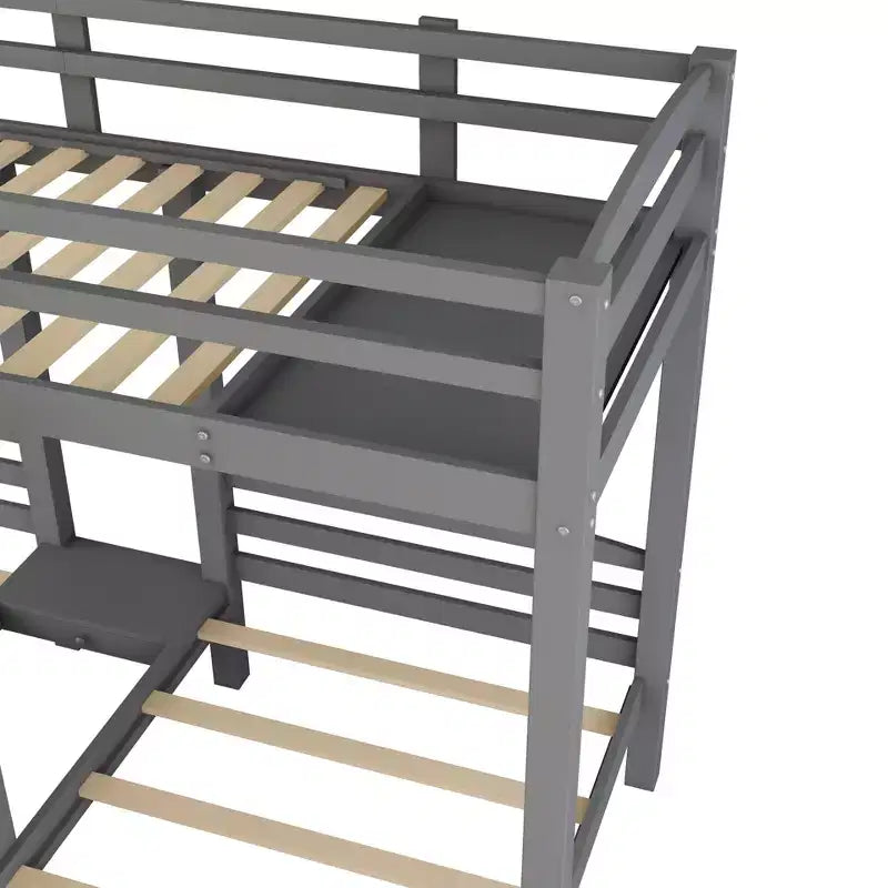 Lit superposé triple (deux lits jumeaux superposés et un lit jumeau latéral) avec étagère de rangement supérieure, escalier de rangement intégré et petits tiroirs - Gris