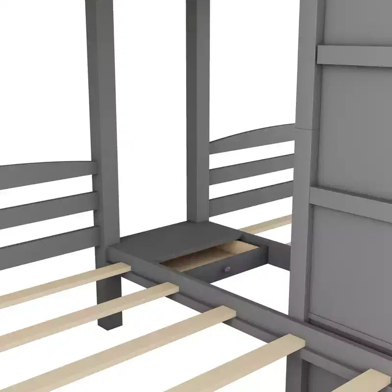 Lit superposé triple (deux lits jumeaux superposés et un lit jumeau latéral) avec étagère de rangement supérieure, escalier de rangement intégré et petits tiroirs - Gris