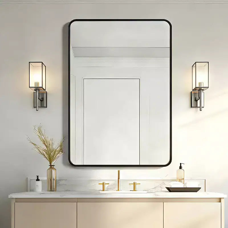 Miroir mural rectangulaire noir, miroir de courtoisie à cadre métallique