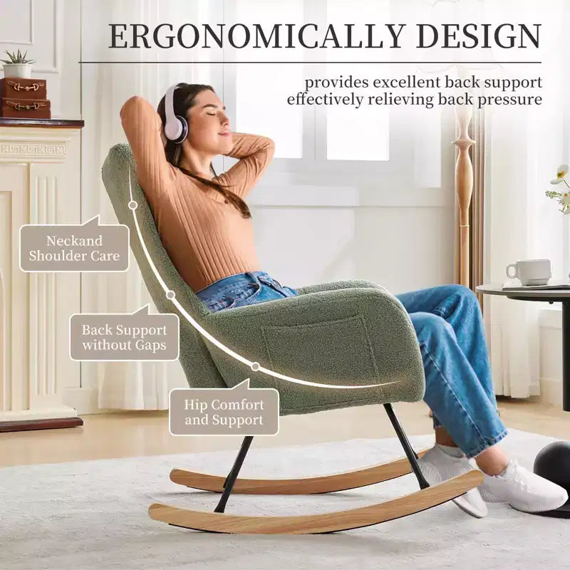 Fauteuil à bascule pour chambre d'enfant, fauteuil planeur rembourré en tissu peluche avec dossier haut, accoudoirs et poches latérales, pour chambre à coucher, salon