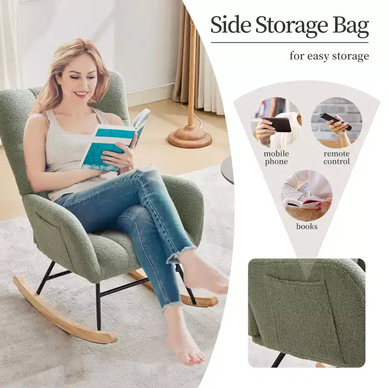 Fauteuil à bascule pour chambre d'enfant, fauteuil planeur rembourré en tissu peluche avec dossier haut, accoudoirs et poches latérales, pour chambre à coucher, salon