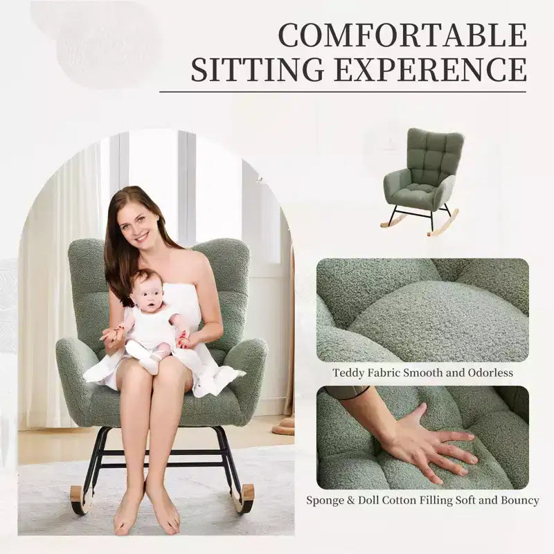 Fauteuil à bascule pour chambre d'enfant, fauteuil planeur rembourré en tissu peluche avec dossier haut, accoudoirs et poches latérales, pour chambre à coucher, salon