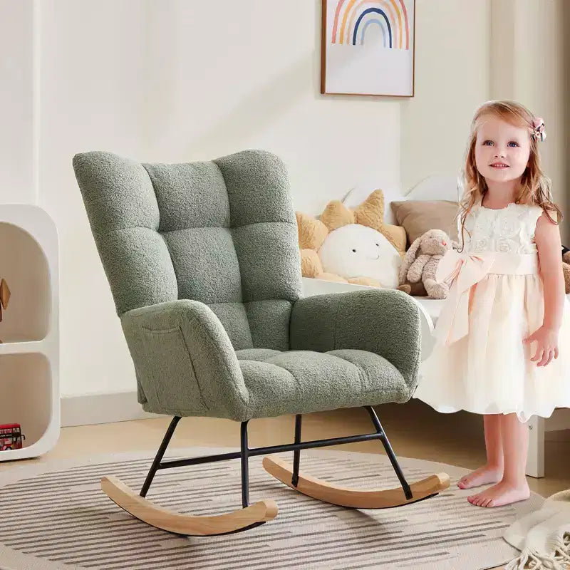Fauteuil à bascule pour chambre d'enfant, fauteuil planeur rembourré en tissu peluche avec dossier haut, accoudoirs et poches latérales, pour chambre à coucher, salon