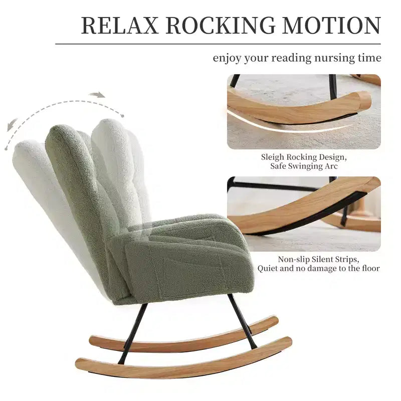Fauteuil à bascule pour chambre d'enfant, fauteuil planeur rembourré en tissu peluche avec dossier haut, accoudoirs et poches latérales, pour chambre à coucher, salon