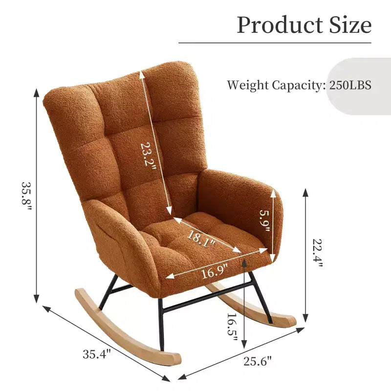 Fauteuil à bascule pour chambre d'enfant, fauteuil planeur rembourré en tissu peluche avec dossier haut, accoudoirs et poches latérales, pour chambre à coucher, salon