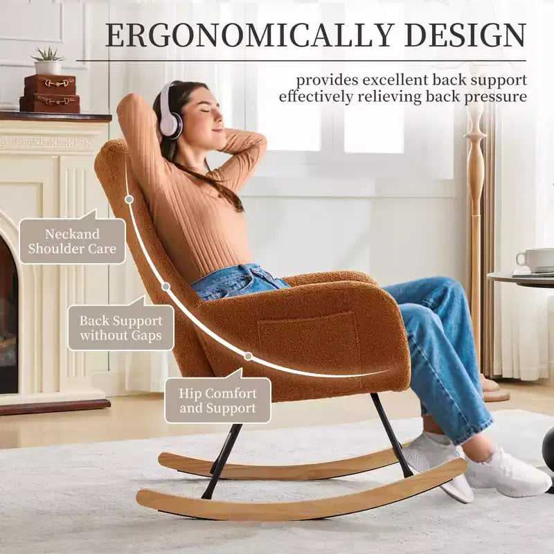 Fauteuil à bascule pour chambre d'enfant, fauteuil planeur rembourré en tissu peluche avec dossier haut, accoudoirs et poches latérales, pour chambre à coucher, salon