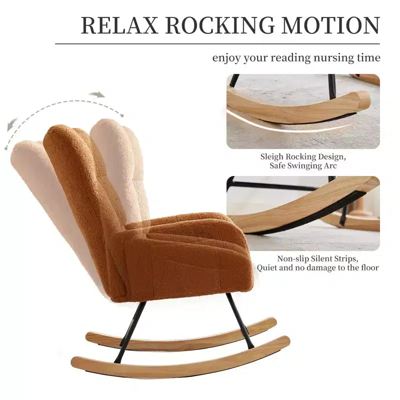 Fauteuil à bascule pour chambre d'enfant, fauteuil planeur rembourré en tissu peluche avec dossier haut, accoudoirs et poches latérales, pour chambre à coucher, salon