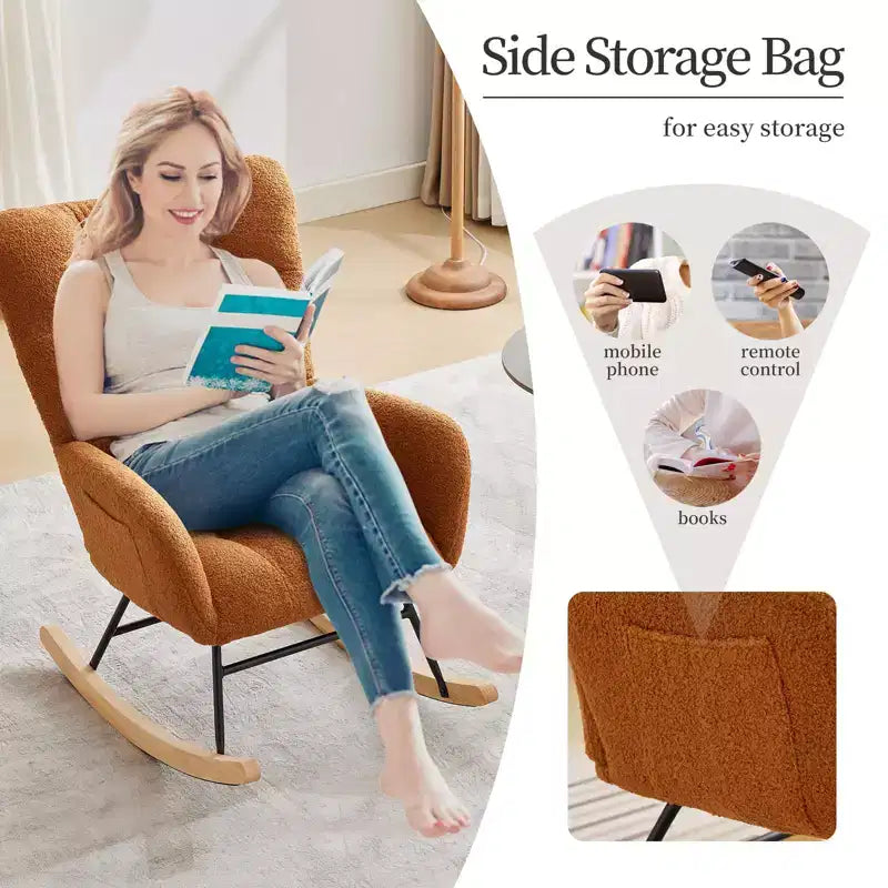Fauteuil à bascule pour chambre d'enfant, fauteuil planeur rembourré en tissu peluche avec dossier haut, accoudoirs et poches latérales, pour chambre à coucher, salon