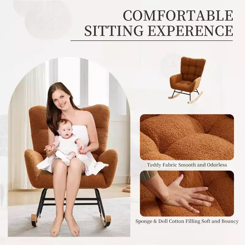 Fauteuil à bascule pour chambre d'enfant, fauteuil planeur rembourré en tissu peluche avec dossier haut, accoudoirs et poches latérales, pour chambre à coucher, salon