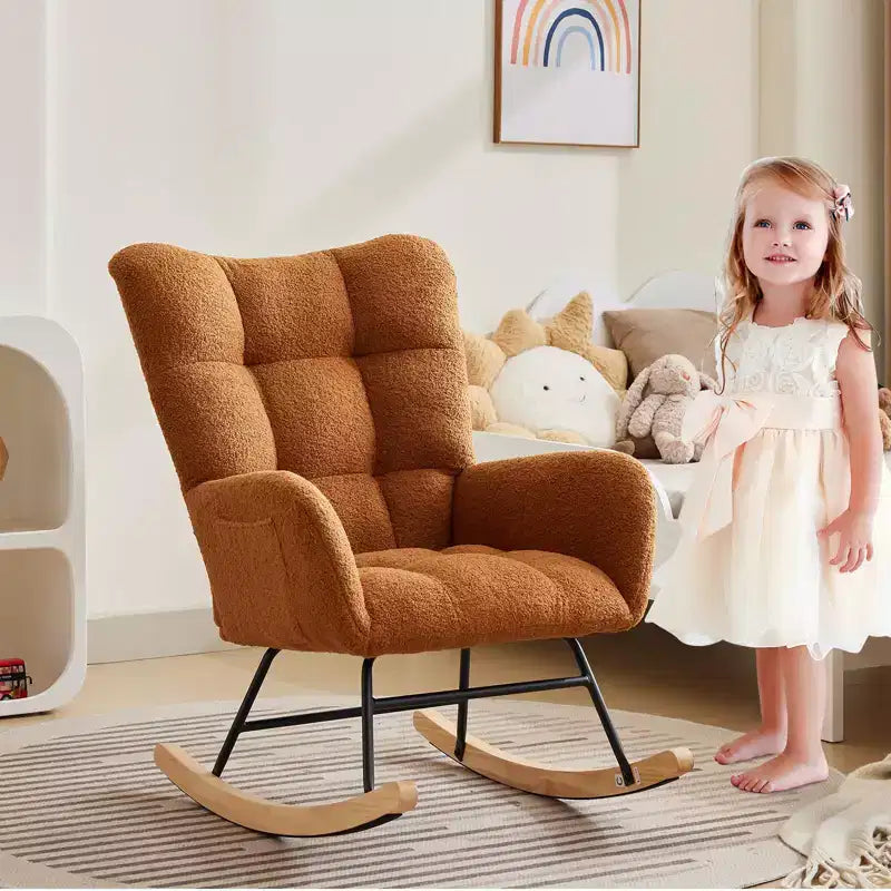 Fauteuil à bascule pour chambre d'enfant, fauteuil planeur rembourré en tissu peluche avec dossier haut, accoudoirs et poches latérales, pour chambre à coucher, salon