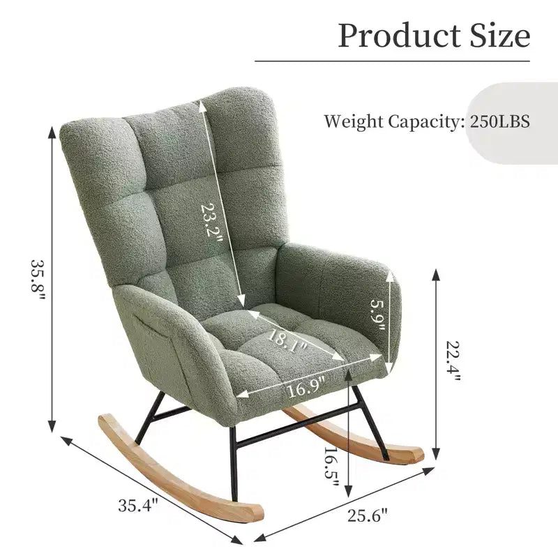 Fauteuil à bascule pour chambre d'enfant, fauteuil planeur rembourré en tissu peluche avec dossier haut, accoudoirs et poches latérales, pour chambre à coucher, salon