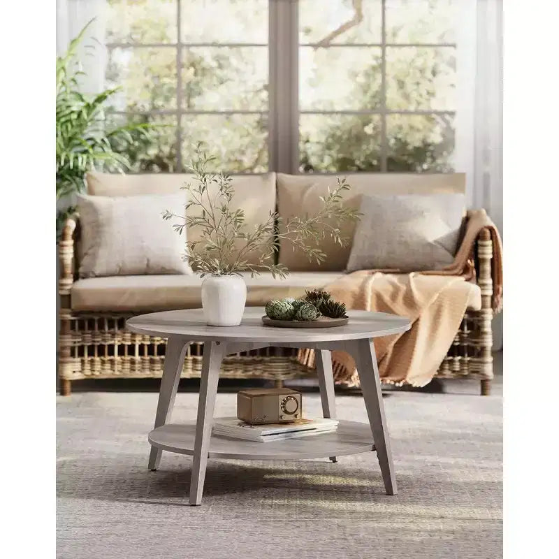 Table basse ronde, tables basses circulaires de 81 cm avec étagère de rangement à 2 niveaux, facile à assembler pour le salon