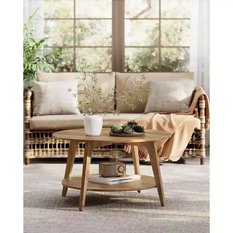 Table basse ronde, tables basses circulaires de 81 cm avec étagère de rangement à 2 niveaux, facile à assembler pour le salon