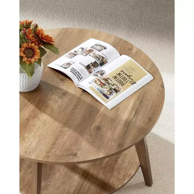 Table basse ronde, tables basses circulaires de 81 cm avec étagère de rangement à 2 niveaux, facile à assembler pour le salon