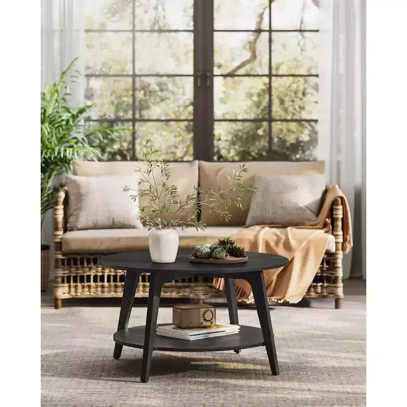 Table basse ronde, tables basses circulaires de 81 cm avec étagère de rangement à 2 niveaux, facile à assembler pour le salon
