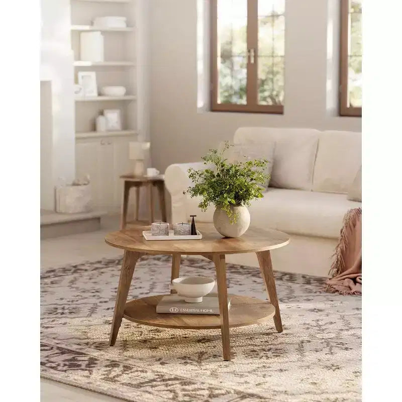 Table basse ronde, tables basses circulaires de 81 cm avec étagère de rangement à 2 niveaux, facile à assembler pour le salon