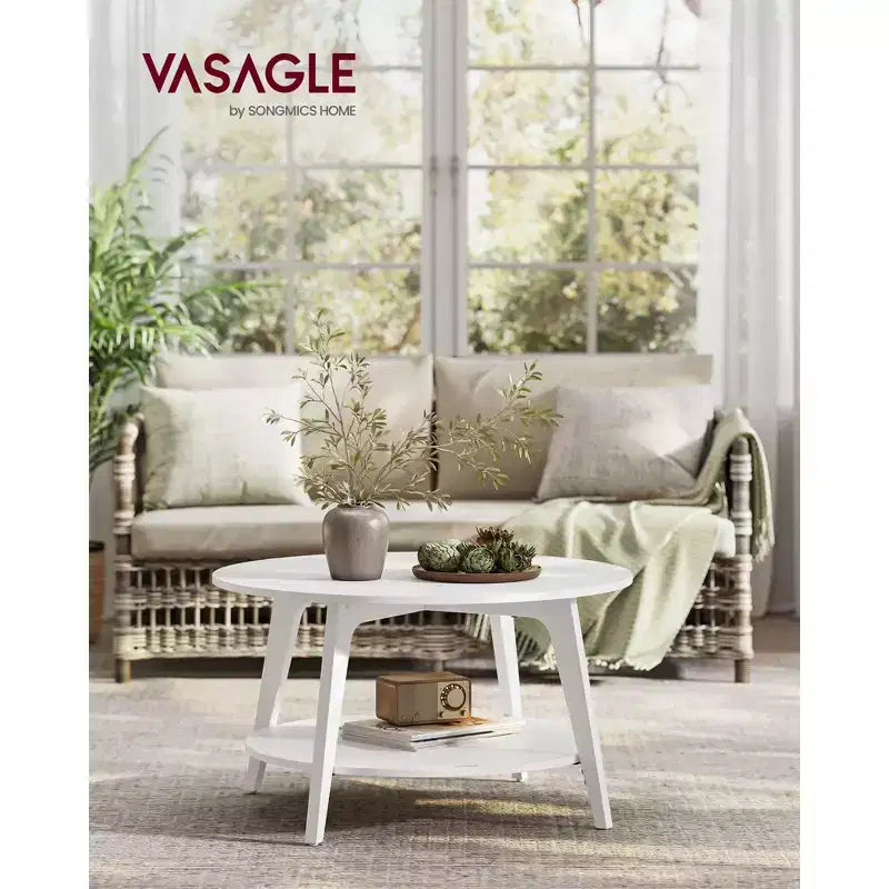 Table basse ronde, tables basses circulaires de 81 cm avec étagère de rangement à 2 niveaux, facile à assembler pour le salon