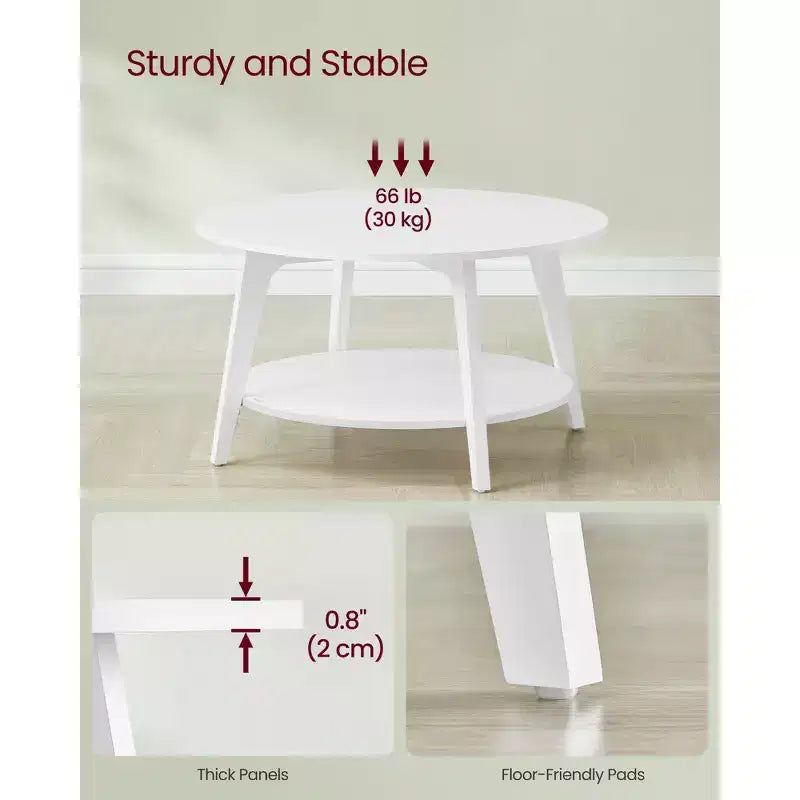 Table basse ronde, tables basses circulaires de 81 cm avec étagère de rangement à 2 niveaux, facile à assembler pour le salon