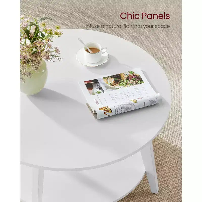 Table basse ronde, tables basses circulaires de 81 cm avec étagère de rangement à 2 niveaux, facile à assembler pour le salon