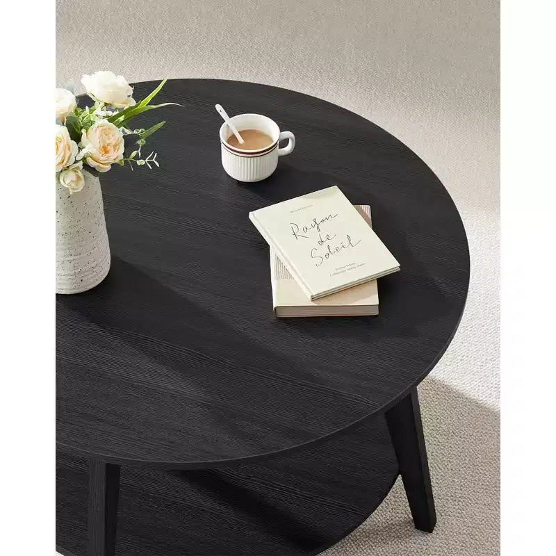 Table basse ronde, tables basses circulaires de 81 cm avec étagère de rangement à 2 niveaux, facile à assembler pour le salon