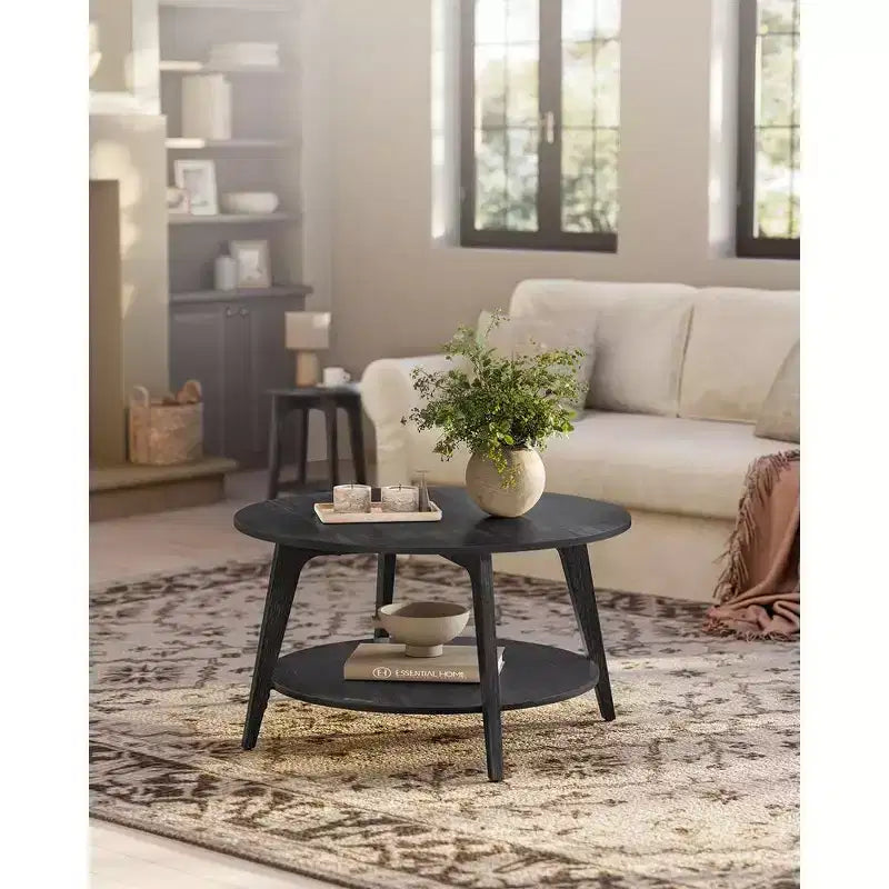 Table basse ronde, tables basses circulaires de 81 cm avec étagère de rangement à 2 niveaux, facile à assembler pour le salon