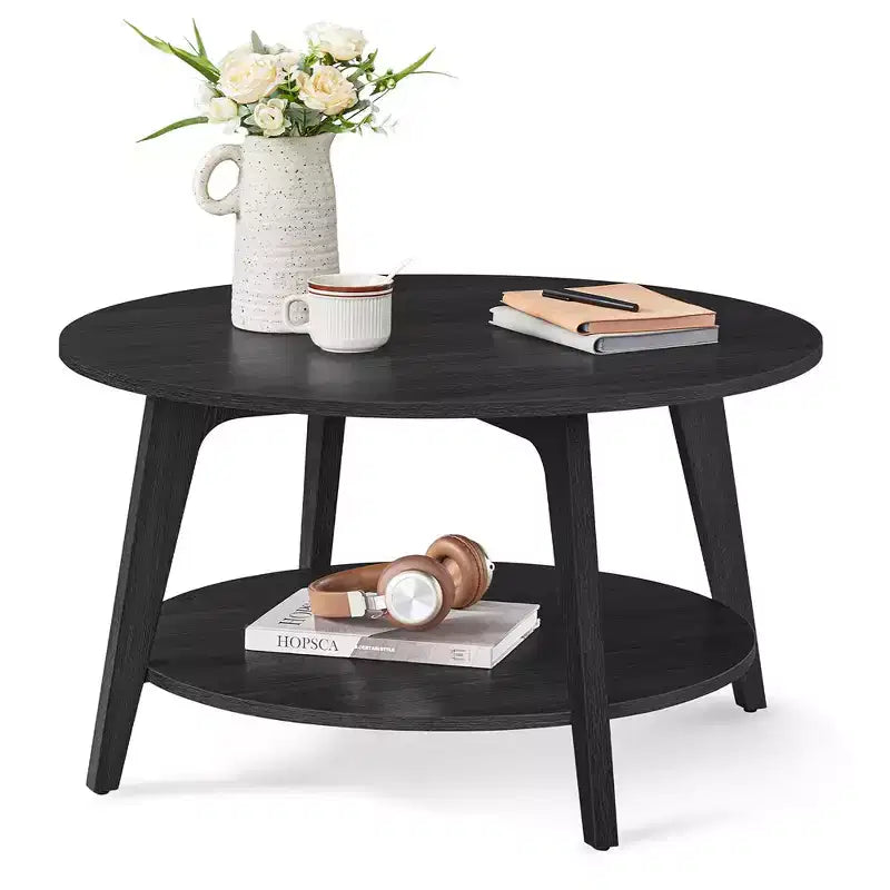 Round Coffee Table, 32''Circle Coffee Tables with 2-Tier Storage Shelf, Easy to Assemble for Living Room