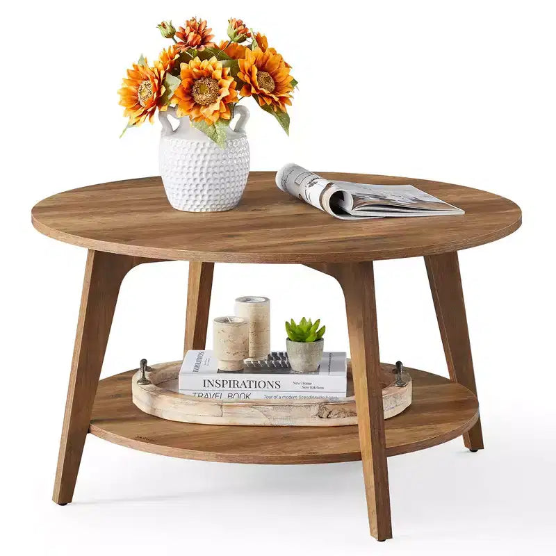 Table basse ronde, tables basses circulaires de 81 cm avec étagère de rangement à 2 niveaux, facile à assembler pour le salon