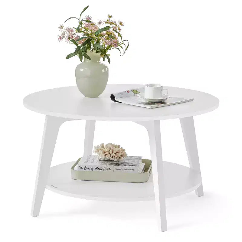 Table basse ronde, tables basses circulaires de 81 cm avec étagère de rangement à 2 niveaux, facile à assembler pour le salon