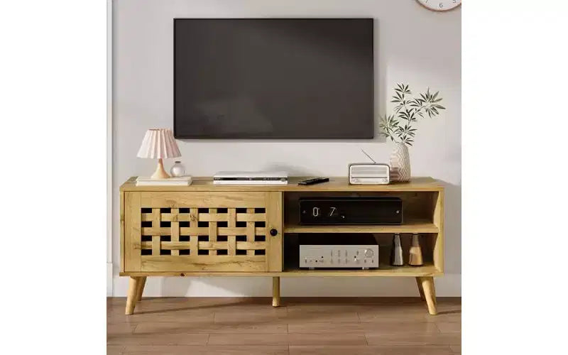 Heynemo TV Stand with Storage for 55 Inch TVs, Wood TV Entertainment Center, Mid Century Modern TV Entertainment Center with Storage, Bedroom Natural