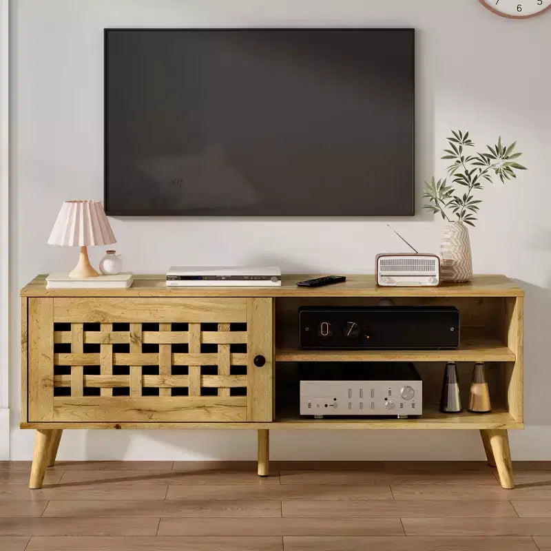 Meuble TV avec rangement pour téléviseurs de 55 pouces, meuble TV en bois, meuble TV de style moderne du milieu du siècle avec rangement, pour chambre, couleur naturelle