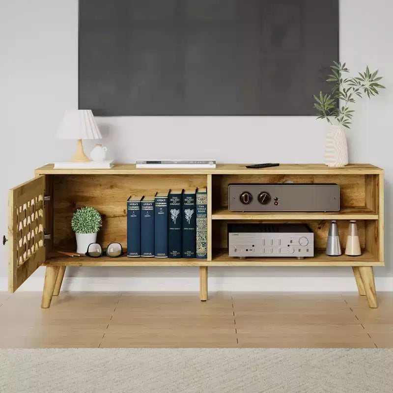 Meuble TV avec rangement pour téléviseurs de 55 pouces, meuble TV en bois, meuble TV de style moderne du milieu du siècle avec rangement, pour chambre, couleur naturelle