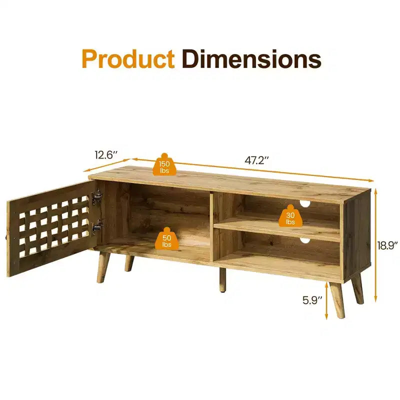 Meuble TV avec rangement pour téléviseurs de 55 pouces, meuble TV en bois, meuble TV de style moderne du milieu du siècle avec rangement, pour chambre, couleur naturelle