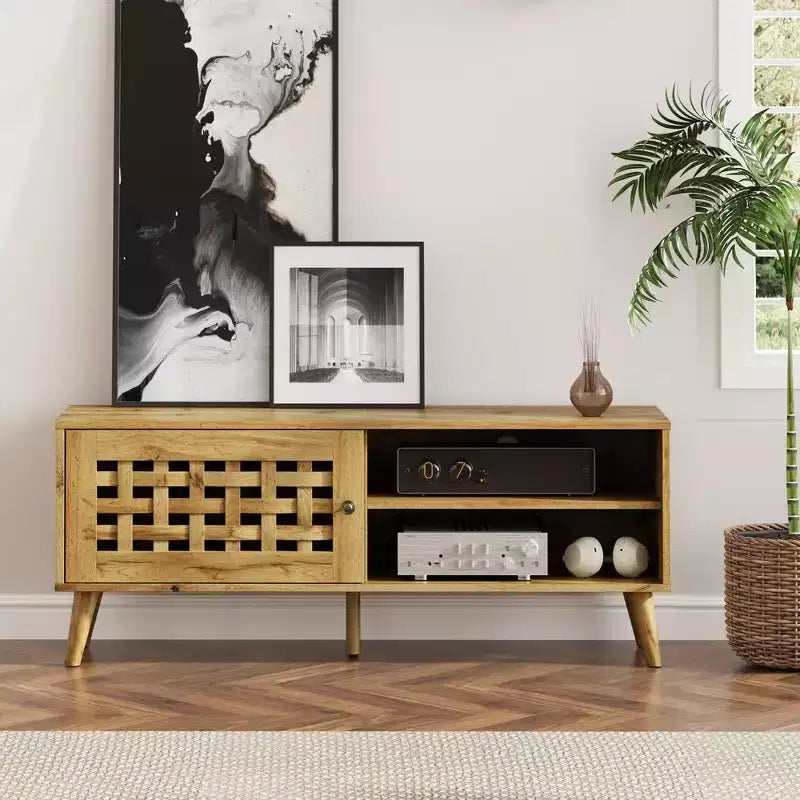 Meuble TV avec rangement pour téléviseurs de 55 pouces, meuble TV en bois, meuble TV de style moderne du milieu du siècle avec rangement, pour chambre, couleur naturelle