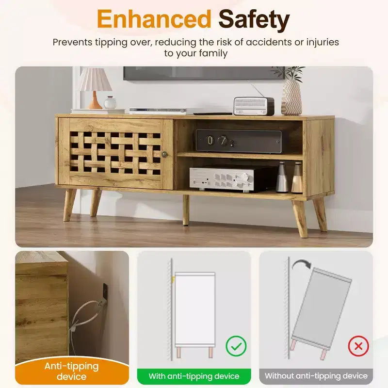 Meuble TV avec rangement pour téléviseurs de 55 pouces, meuble TV en bois, meuble TV de style moderne du milieu du siècle avec rangement, pour chambre, couleur naturelle