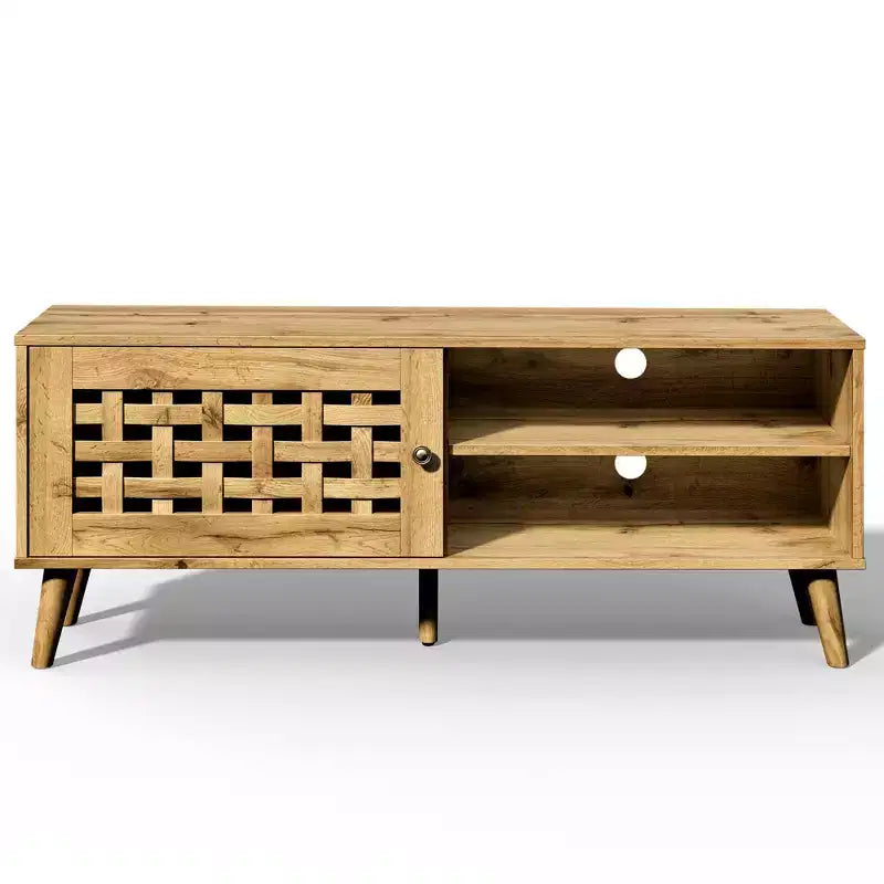 Meuble TV avec rangement pour téléviseurs de 55 pouces, meuble TV en bois, meuble TV de style moderne du milieu du siècle avec rangement, pour chambre, couleur naturelle