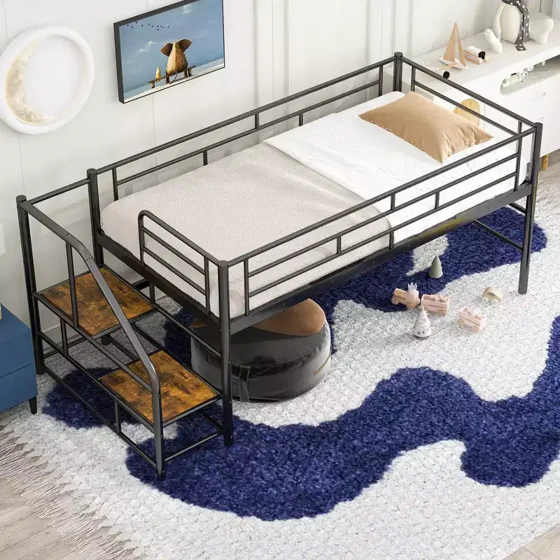 Whisen 88.80''L  41.40''W  39.00H Mid Loft Bed with Storage stairs